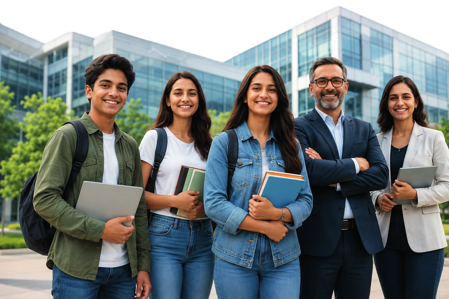 Students, faculty and education management team on a modern campus